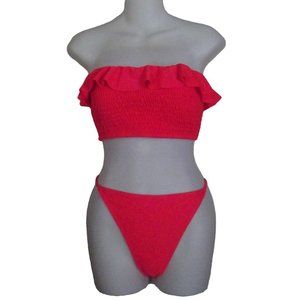LA SWIM Bikini XL Neon Orange strapless shirred ruffle top (full coverage bottom